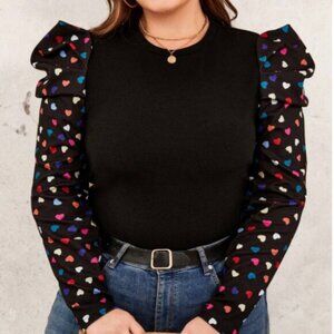 Black Long Sleeve Top with Puffy HEART PRINT Sleeves Size 1XL